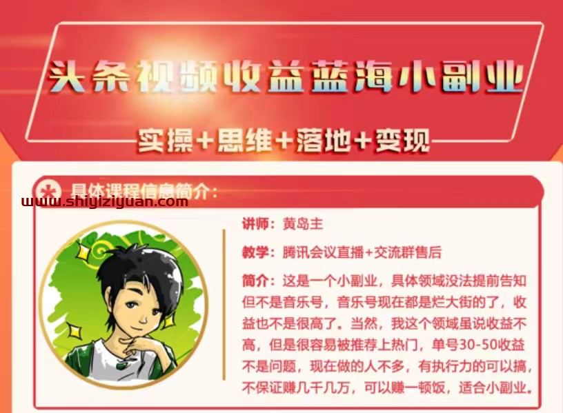 黄岛主 · 头条视频蓝海小领域副业项目_拾壹资源网