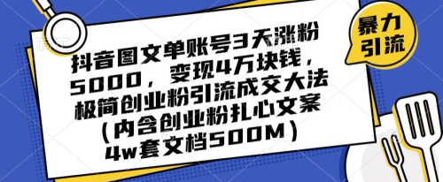 抖音图文单账号3天涨粉5000,变现4万块钱,极简创业粉引流成交大法_拾壹资源网