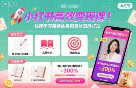 小红书高效变现课，普通人也能引爆小红书快速学习小红书完整体系和具体落地打法_拾壹资源网