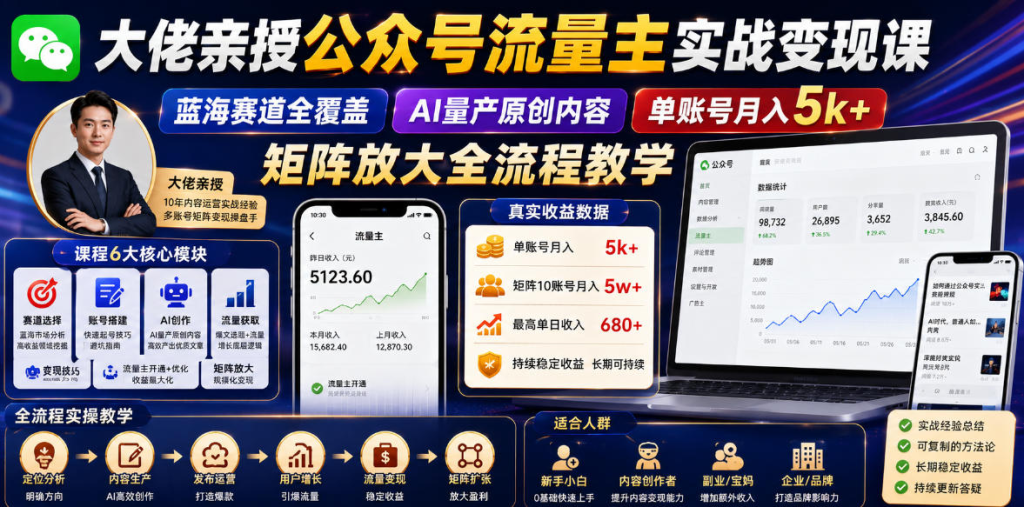 图片[1]_大佬亲授公众号流量主实战变现课，蓝海赛道全覆盖，AI量产原创内容，单账号月入5k+矩阵放大全流程教学