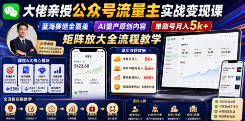 大佬亲授公众号流量主实战变现课，蓝海赛道全覆盖，AI量产原创内容，单账号月入5k+矩阵放大全流程教学_拾壹资源网