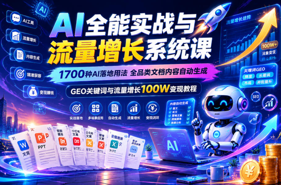 图片[1]_AI全能实战与流量增长系统课，1700种AI落地用法，全品类文档内容自动生成，GEO关键词与流量增长100W变现教程