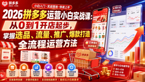2026拼多多运营小白实战课：从0到1开店起步，掌握选品、流量、推广、爆款打造全流程运营方法_拾壹资源网