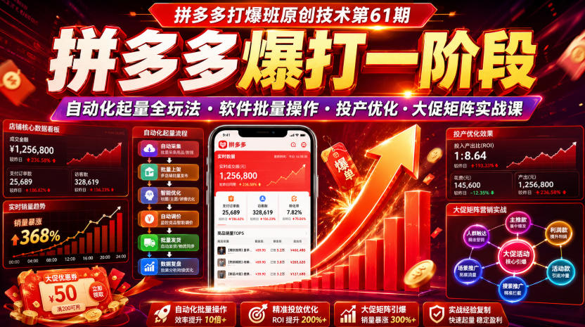 图片[1]_拼多多打爆班原创技术第61期，拼多多爆打一阶段，自动化起量全玩法·软件批量操作·投产优化·大促矩阵实战课