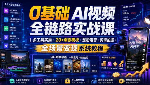 0基础AI视频全链路实战课｜多工具实操·20+爆款模板·涨粉运营?剪辑拍摄·全场景变现系统教程_拾壹资源网