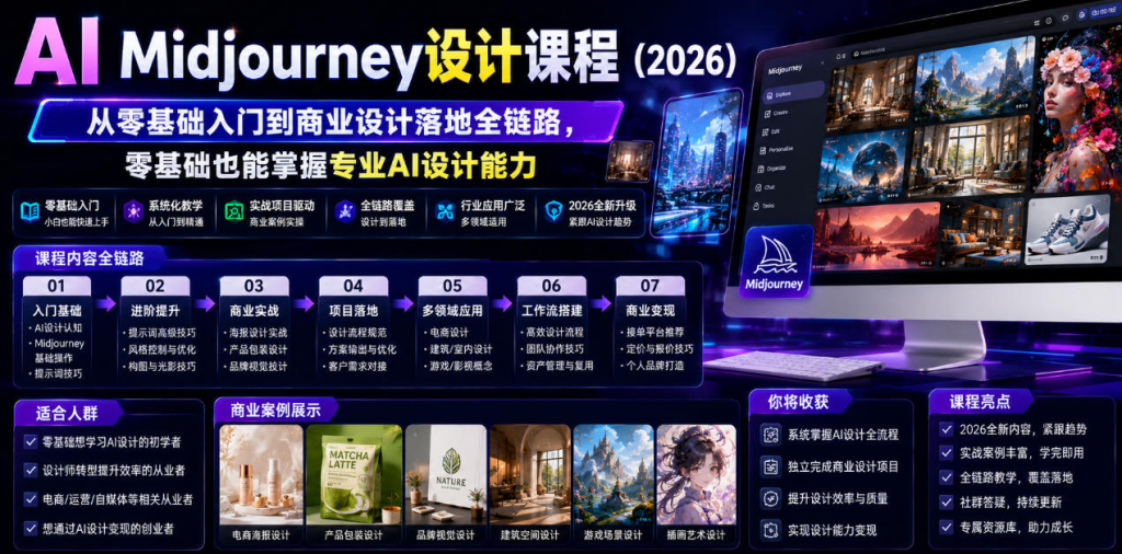 图片[1]_AI Midjourney设计课程（2026），从零基础入门到商业设计落地全链路，零基础也能掌握专业AI设计能力