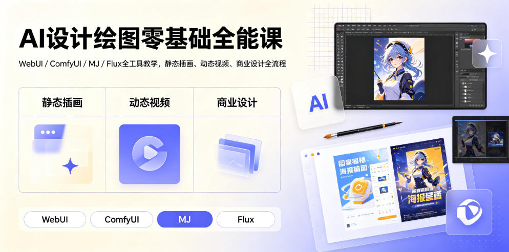 图片[1]_AI设计绘图零基础全能课｜WebUI/ComfyUI/MJ/Flux全工具教学，静态插画、动态视频、商业设计全流程