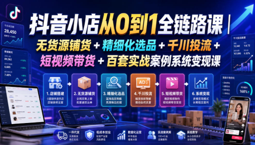 抖音小店从0到1全链路课｜无货源铺货+精细化选品+千川投流+短视频带货+百套实战案例系统变现课（2026年7月更新）_拾壹资源网