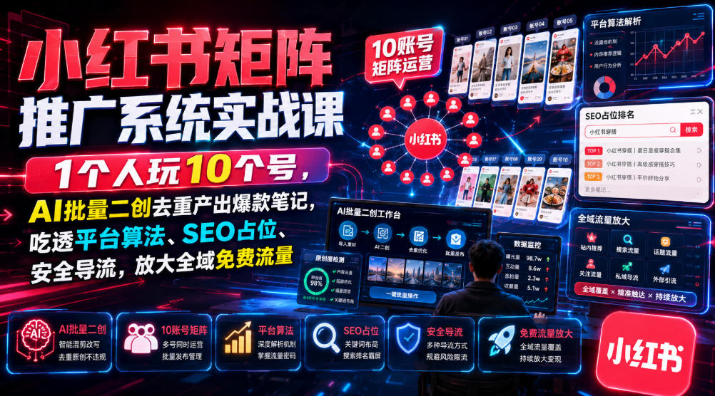 图片[1]_小红书矩阵推广系统实战课｜1个人玩10个号，AI批量二创去重产出爆款笔记，吃透平台算法、SEO占位、安全导流，放大全域免费流量