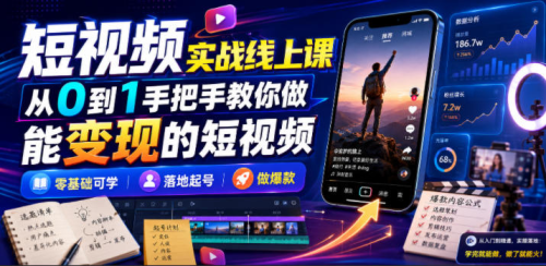 短视频实战线上课，从0到1手把手教你做能变现的短视频，零基础可学，落地起号做爆款_拾壹资源网