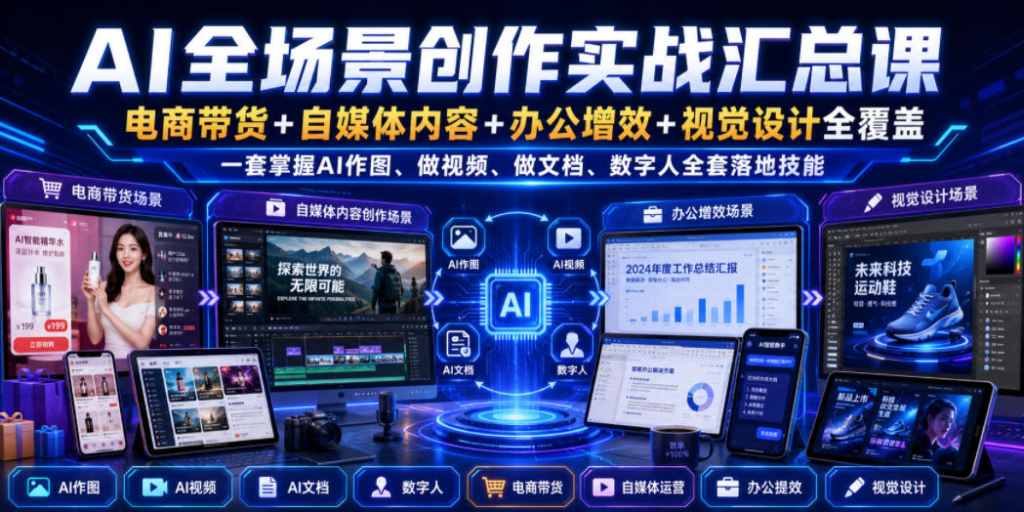 图片[1]_AI全场景创作实战汇总课｜电商带货+自媒体内容+办公增效+视觉设计全覆盖，一套掌握AI作图、做视频、做文档、数字人全套落地技能