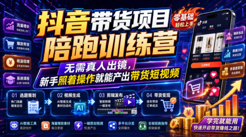 抖音带货项目陪跑训练营，无需真人出镜，新手照着操作就能产出带货短视频_拾壹资源网
