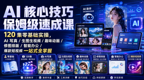 AI核心技巧保姆级速成课｜120集零基础实操，AI写真/生图生视频/趣味动画/修图排版/智能办公/爆款短视频一站式全掌握_拾壹资源网