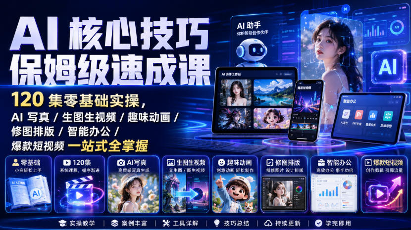 图片[1]_AI核心技巧保姆级速成课｜120集零基础实操，AI写真/生图生视频/趣味动画/修图排版/智能办公/爆款短视频一站式全掌握