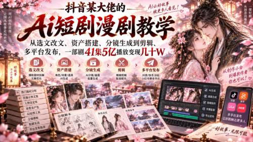 抖音某大佬的Ai短剧漫剧教学，从选文改文、资产搭建、分镜生成到剪辑、多平台发布，一部剧41集5亿播放变现几十W_拾壹资源网