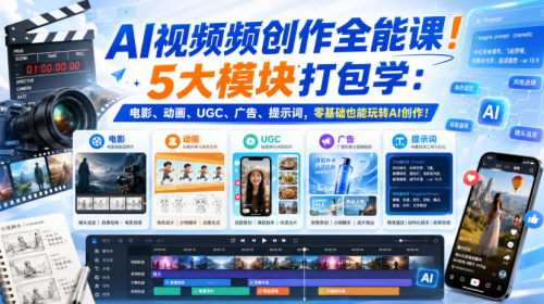 AI视频频创作全能课！5大模块打包学：电影、动画、UGC、广告、提示词，零基础也能玩转AI创作！【原创双语字幕】_拾壹资源网