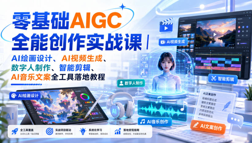 图片[1]_零基础AIGC全能创作实战课｜AI绘画设计、AI视频生成、数字人制作、智能剪辑、AI音乐文案全工具落地教程