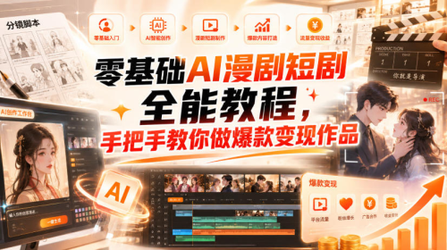 零基础AI漫剧短剧全能教程，从AI智能体搭建、文案脚本分镜、多平台AI生视频、剪映精修，覆盖全题材创作，手把手教你做爆款变现作品_拾壹资源网