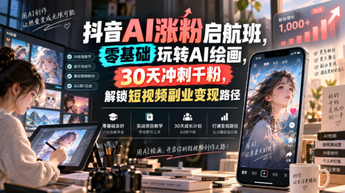 抖音AI涨粉启航班，零基础玩转AI绘画，30天冲刺千粉，解锁短视频副业变现路径_拾壹资源网