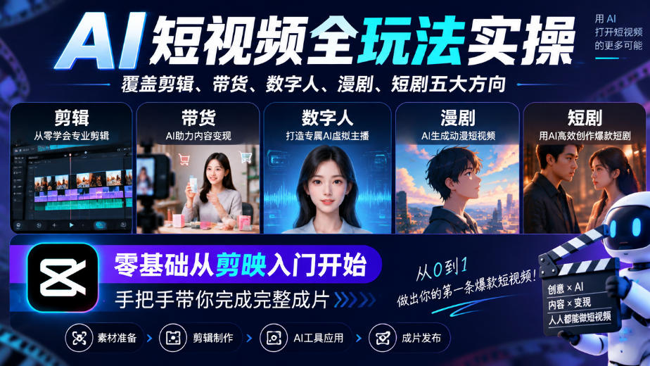 图片[1]_AI短视频全玩法实操，覆盖剪辑、带货、数字人、漫剧、短剧五大方向，零基础从剪映入门开始，手把手带你完成完整成片