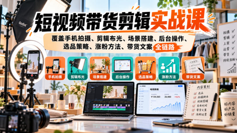 图片[1]_短视频带货剪辑实战课，覆盖手机拍摄、剪辑布光、场景搭建、后台操作、选品策略、涨粉方法、带货文案全链路