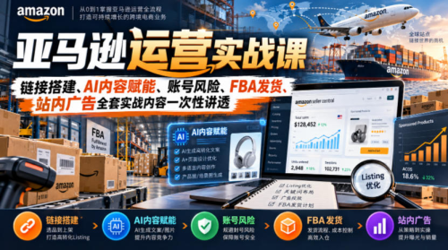 亚马逊运营实战课，链接搭建、AI内容赋能、账号风险、FBA发货、站内广告全套实战内容一次性讲透_拾壹资源网