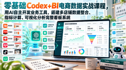 零基础Codex+BI电商数据实战课程,用AI自主开发业务工具,搭建多店铺数据整合、指标计算、可视化分析完整看板系统_拾壹资源网