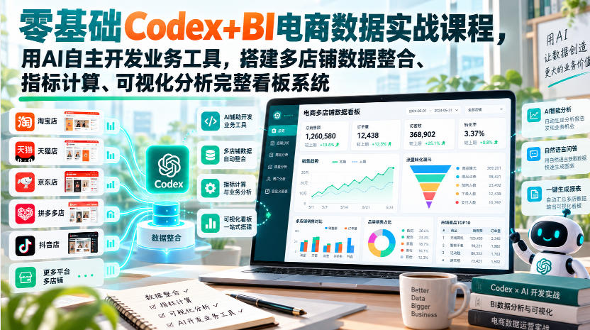 图片[1]_零基础Codex+BI电商数据实战课程，用AI自主开发业务工具，搭建多店铺数据整合、指标计算、可视化分析完整看板系统