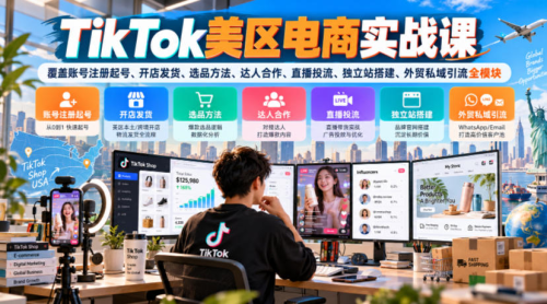 TikTok美区电商实战课，覆盖账号注册起号、开店发货、选品方法、达人合作、直播投流、独立站搭建、外贸私域引流全模块_拾壹资源网