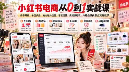 小红书电商从0到1实战课｜养号开店、单店多品、站内站外选品、笔记运营、无货源避坑、AI选品做内容全流程教学_拾壹资源网