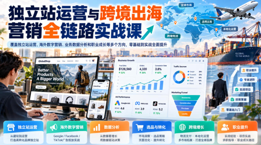 图片[1]_独立站运营与跨境出海营销全链路实战课，覆盖独立站运营、海外数字营销、业务数据分析和职业成长等多个方向，零基础到实战全面提升